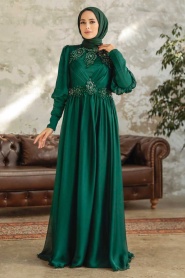 Tesettürlü Abiye Elbise - Robe de Soirée Islamique en Satin Vert 25822Y - Thumbnail