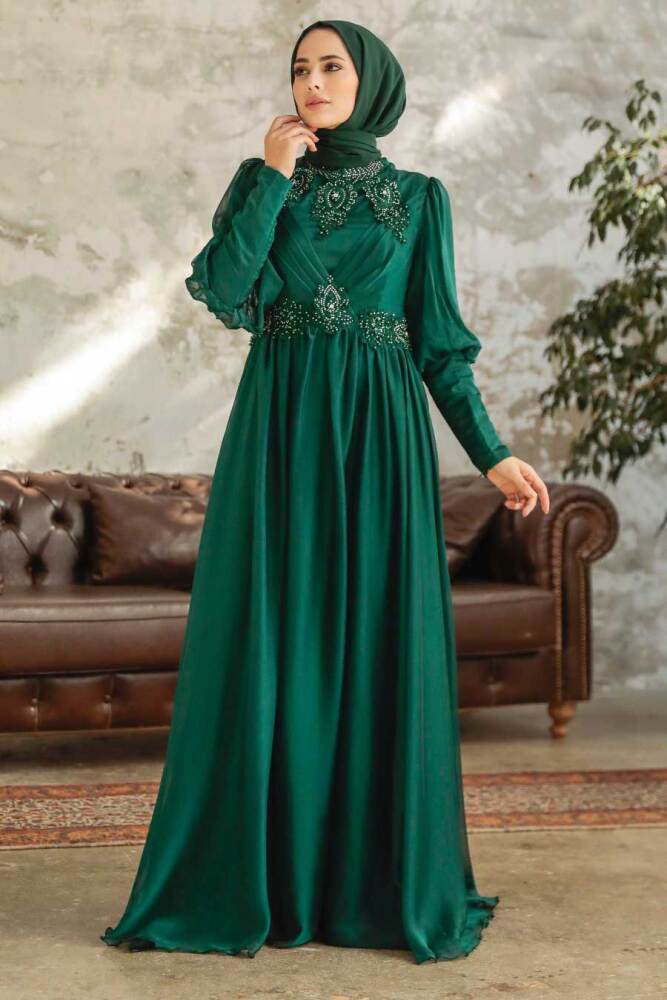 Tesettürlü Abiye Elbise - Robe de Soirée Islamique en Satin Vert 25822Y - 2