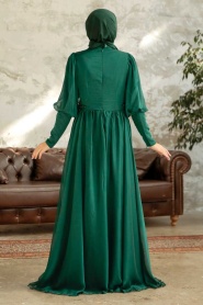 Tesettürlü Abiye Elbise - Robe de Soirée Islamique en Satin Vert 25822Y - Thumbnail