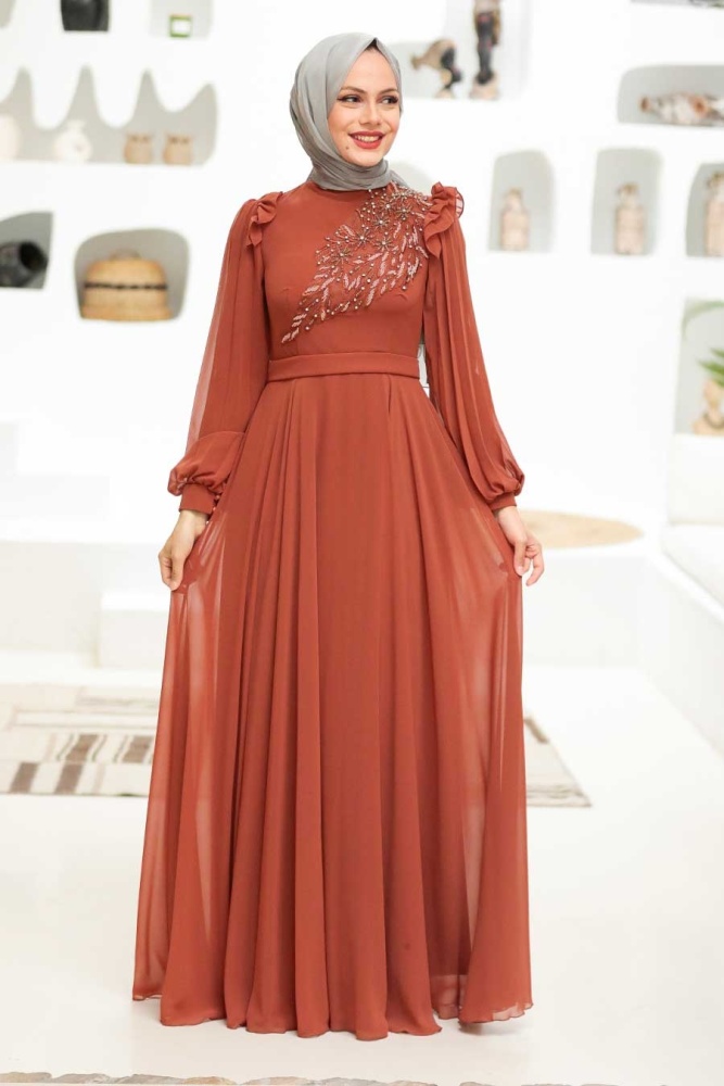 Tesettürlü Abiye Elbise - Robe de soirée islamique en tuile 22110KRMT - 3