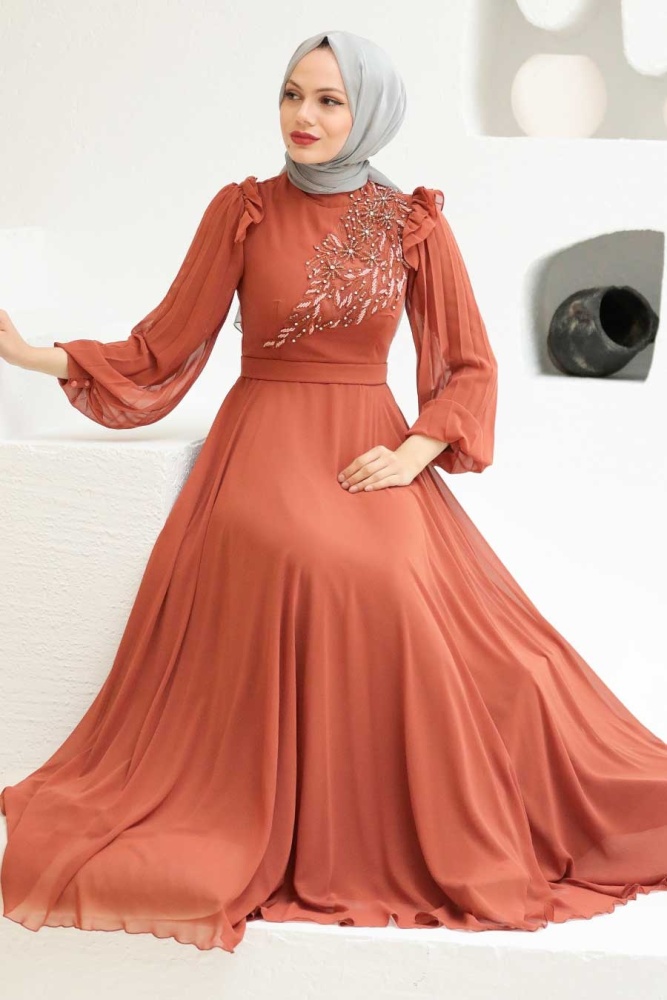 Tesettürlü Abiye Elbise - Robe de soirée islamique en tuile 22110KRMT - 2