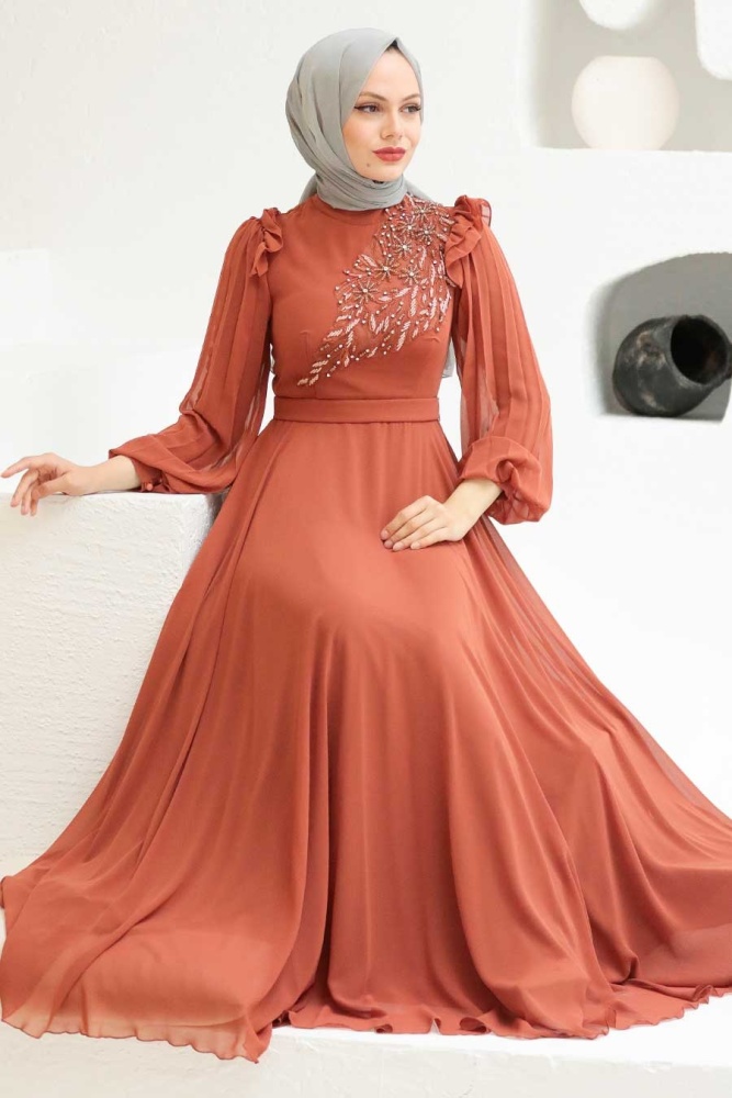 Tesettürlü Abiye Elbise - Robe de soirée islamique en tuile 22110KRMT - 1