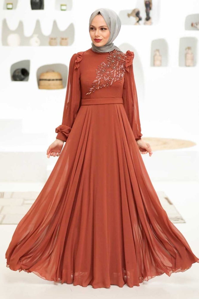 Tesettürlü Abiye Elbise - Robe de soirée islamique en tuile 22110KRMT - 4