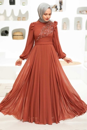 Tesettürlü Abiye Elbise - Robe de soirée islamique en tuile 22110KRMT - 5