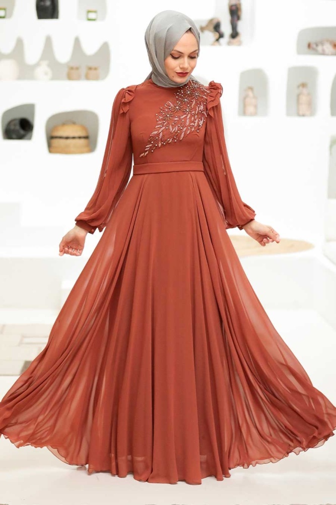 Tesettürlü Abiye Elbise - Robe de soirée islamique en tuile 22110KRMT - 5