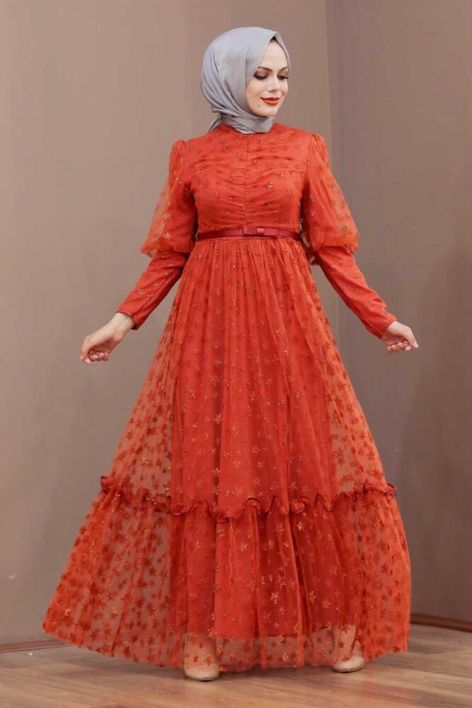 Tesettürlü Abiye Elbise - Robe de soirée islamique en tuile 22840KRMT - 1