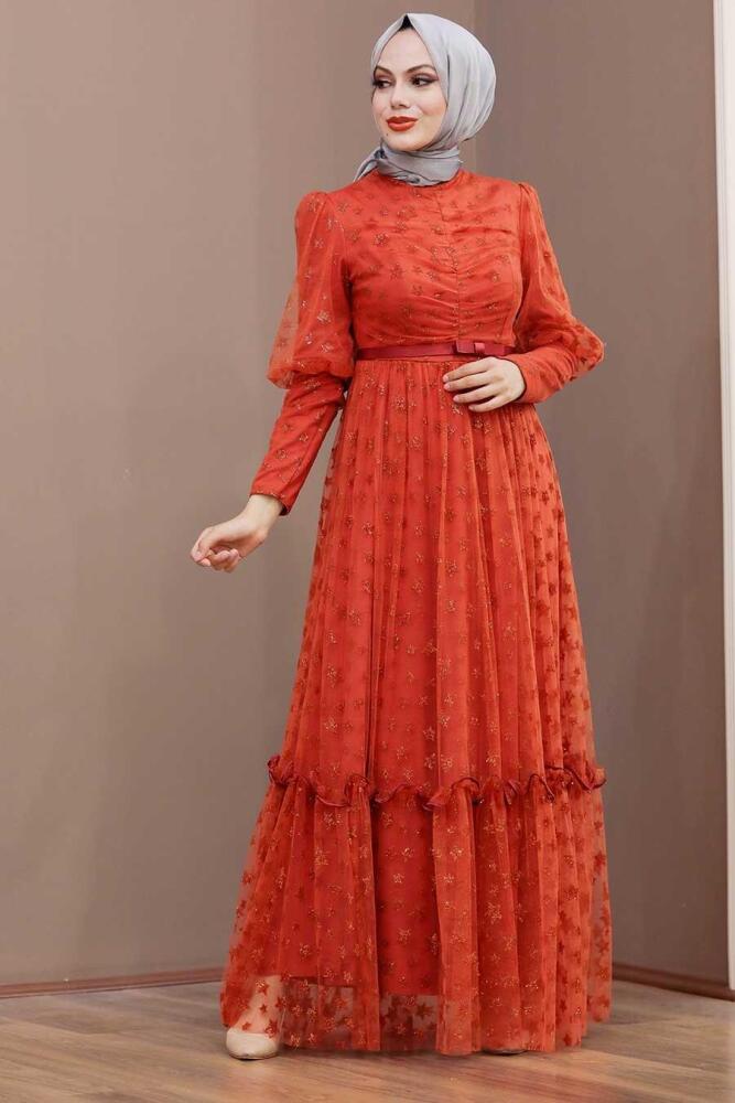 Tesettürlü Abiye Elbise - Robe de soirée islamique en tuile 22840KRMT - 2
