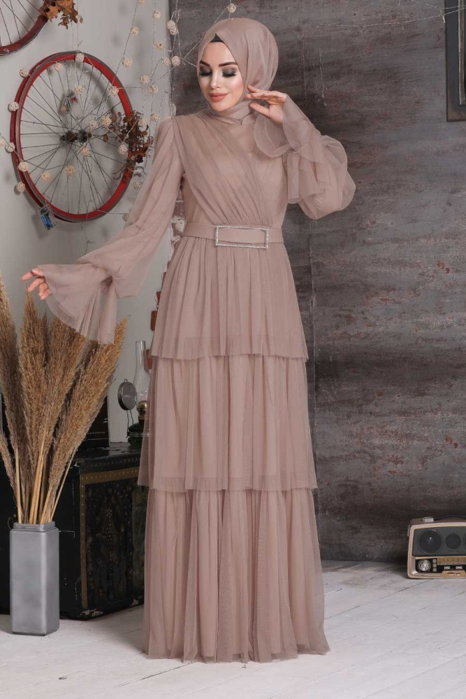 Tesettürlü Abiye Elbise - Robe de soirée islamique en vison 21320V - 1