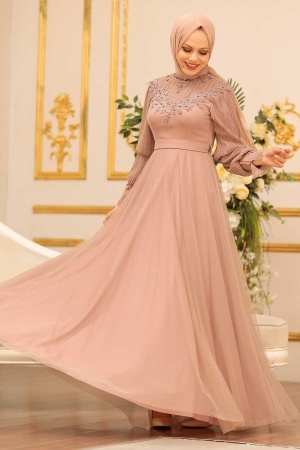 Tesettürlü Abiye Elbise - Robe de soirée islamique en vison 21780V - 2