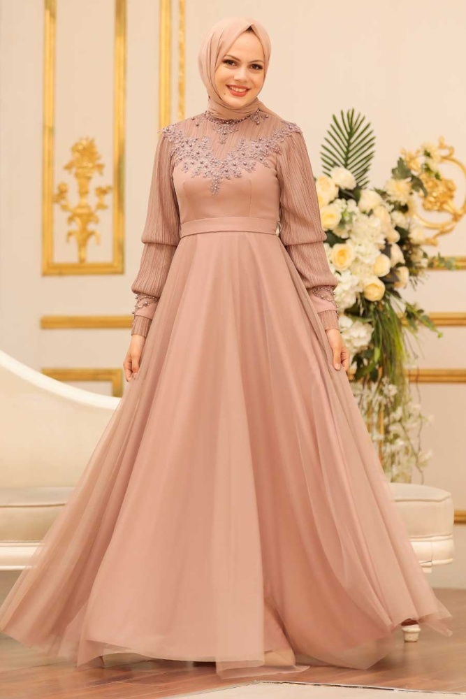 Tesettürlü Abiye Elbise - Robe de soirée islamique en vison 21780V - 1