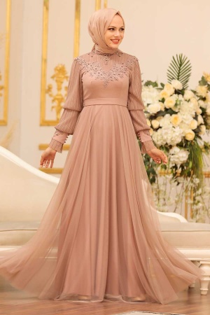 Tesettürlü Abiye Elbise - Robe de soirée islamique en vison 21780V - 3