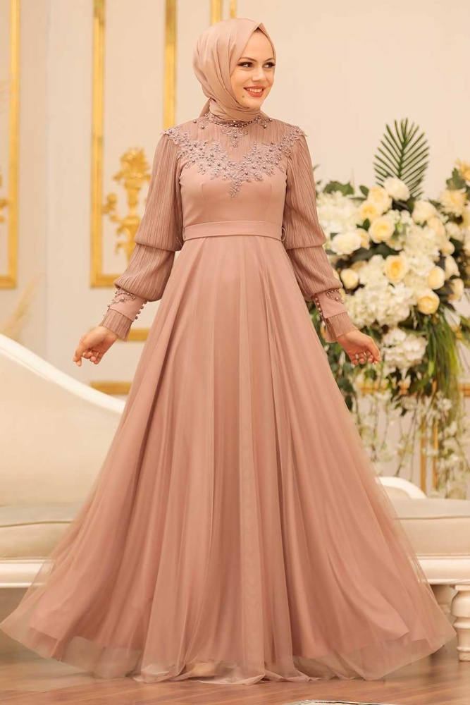 Tesettürlü Abiye Elbise - Robe de soirée islamique en vison 21780V - 4