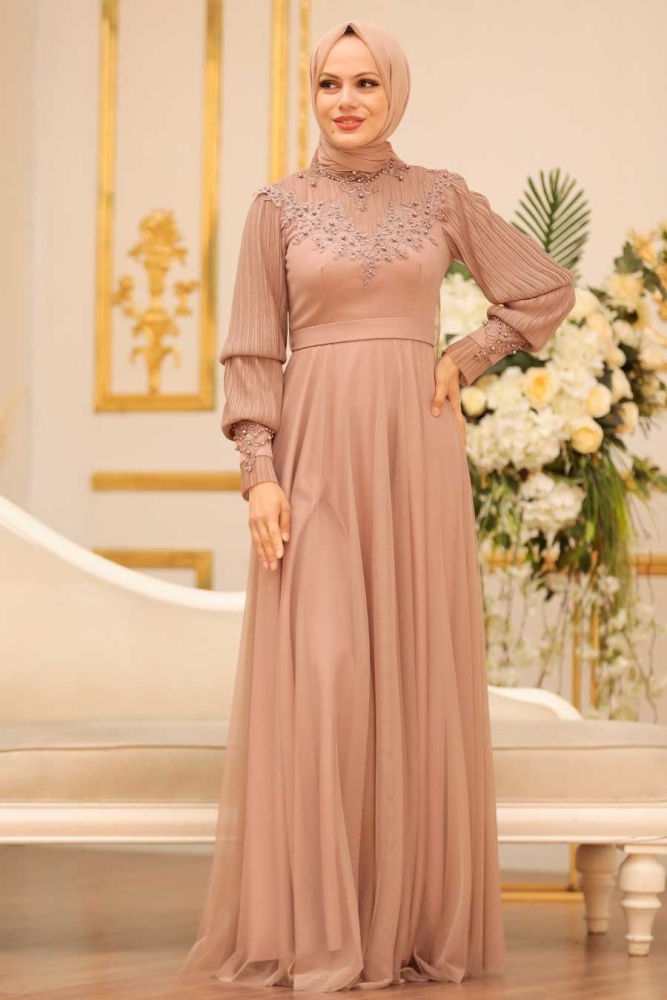 Tesettürlü Abiye Elbise - Robe de soirée islamique en vison 21780V - 5