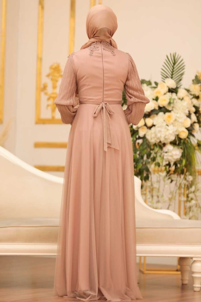 Tesettürlü Abiye Elbise - Robe de soirée islamique en vison 21780V - 6