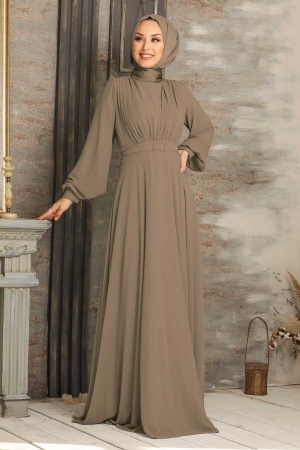 Robe de soirée longue et couvrante avec ceinture – Taupe 5422V - 1
