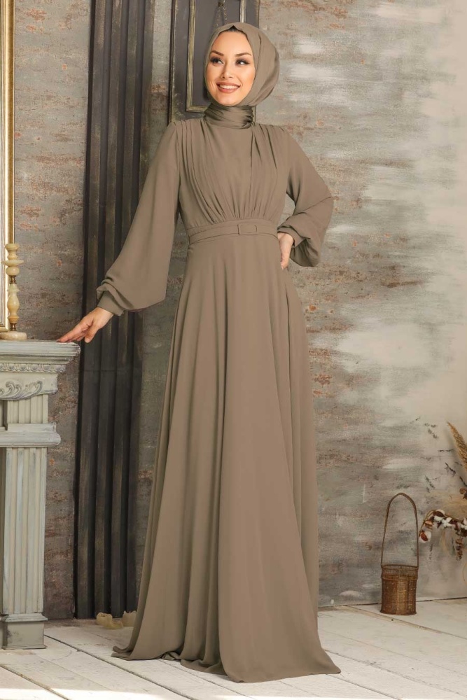 Robe de soirée longue et couvrante avec ceinture – Taupe 5422V - 1