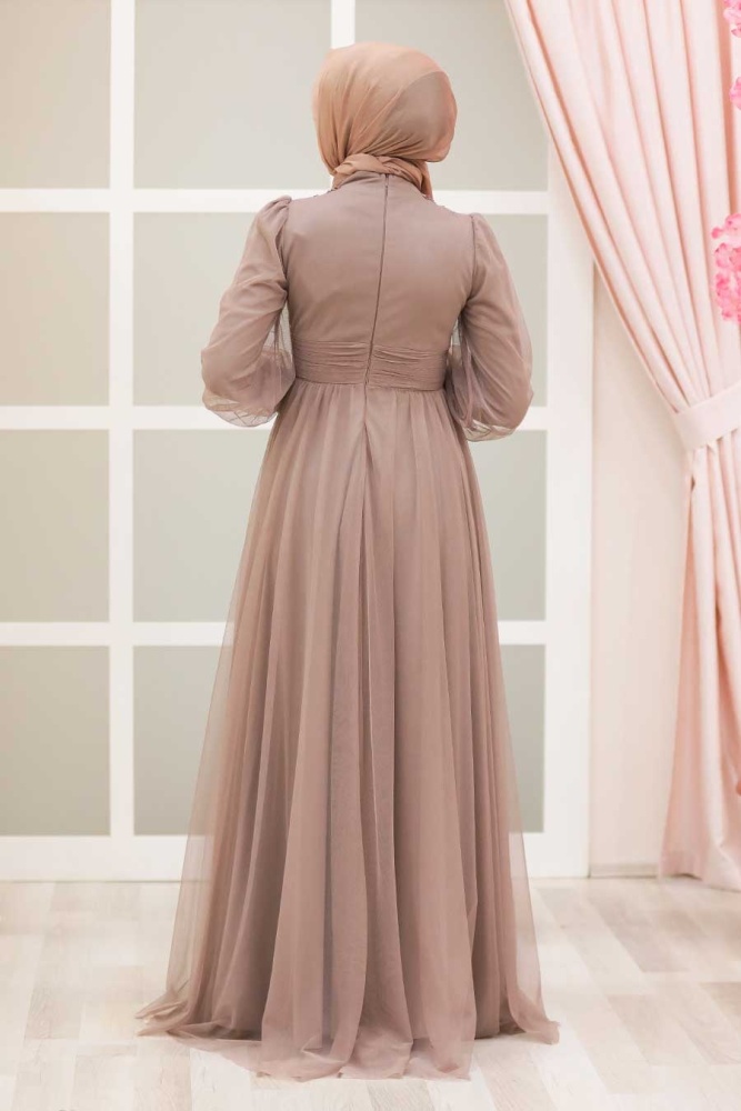 Tesettürlü Abiye Elbise - Robe de soirée islamique en vison détaillé floral 22070V - 2