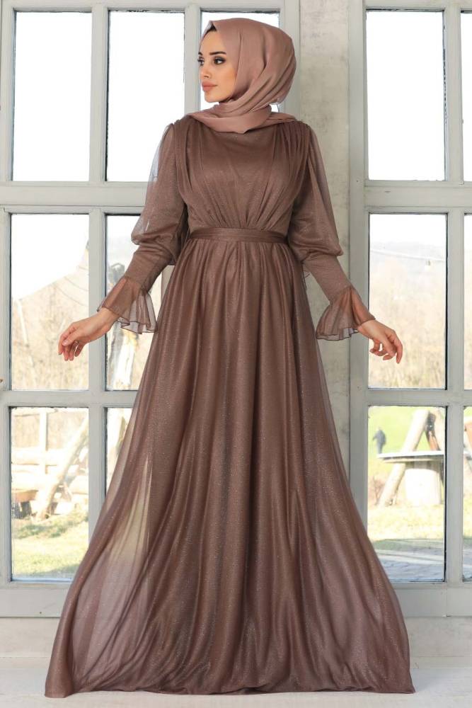Tesettürlü Abiye Elbise - Robe de soirée islamique en vison foncé argenté 5367KV - 1