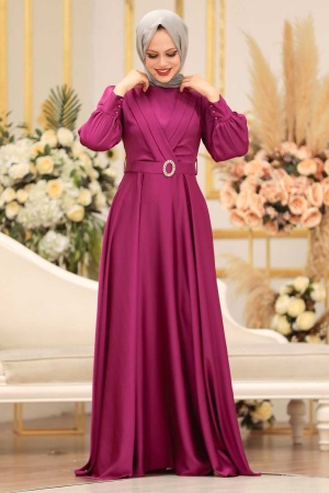 Tesettürlü Abiye Elbise - Robe de soirée islamique fuchsia 31290F - 1