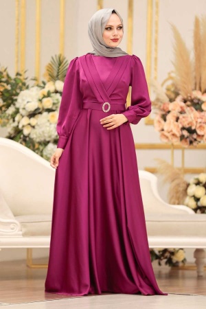 Tesettürlü Abiye Elbise - Robe de soirée islamique fuchsia 31290F - 3