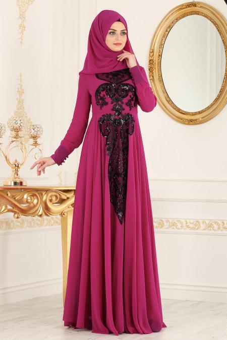 Tesettürlü Abiye Elbise - Robe de soirée islamique fuchsia 7533F - 1