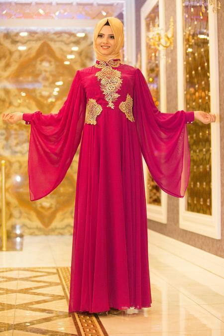 Tesettürlü Abiye Elbise - Robe de soirée islamique fuchsia 7559F - 1