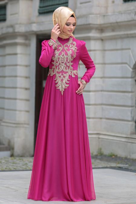 Tesettürlü Abiye Elbise - Robe de soirée islamique fuchsia 7650F - 1