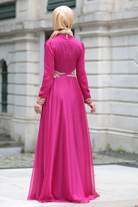 Tesettürlü Abiye Elbise - Robe de soirée islamique fuchsia 7650F - 2