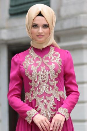 Tesettürlü Abiye Elbise - Robe de soirée islamique fuchsia 7650F - 3