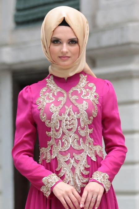 Tesettürlü Abiye Elbise - Robe de soirée islamique fuchsia 7650F - 3