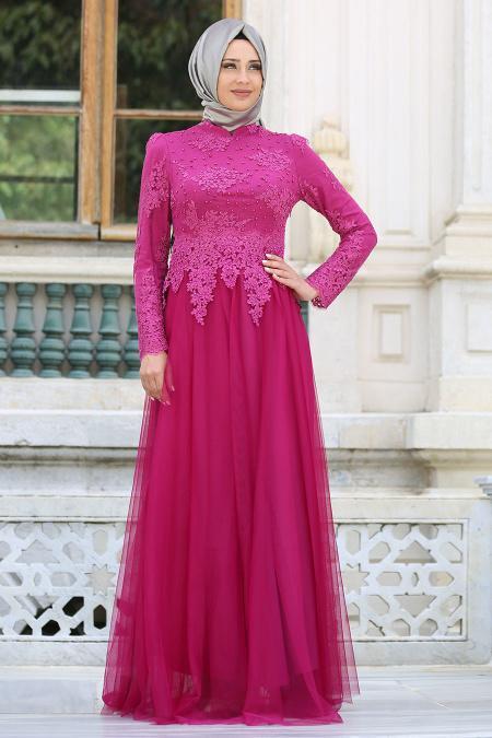 Tesettürlü Abiye Elbise - Robe de soirée islamique fuchsia 7691F - 1