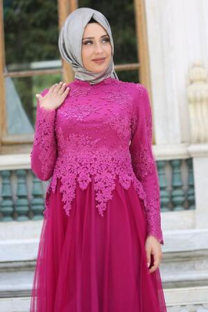 Tesettürlü Abiye Elbise - Robe de soirée islamique fuchsia 7691F - 2