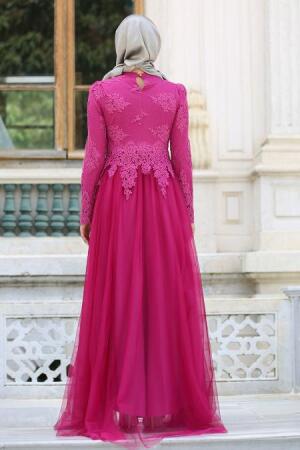Tesettürlü Abiye Elbise - Robe de soirée islamique fuchsia 7691F - 3