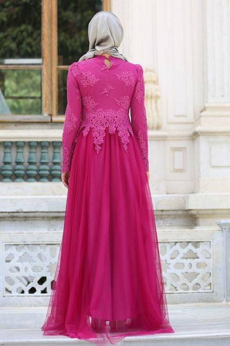 Tesettürlü Abiye Elbise - Robe de soirée islamique fuchsia 7691F - 3