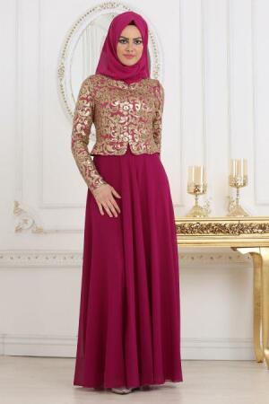 Tesettürlü Abiye Elbise - Robe de soirée islamique fuchsia 7712F - 1