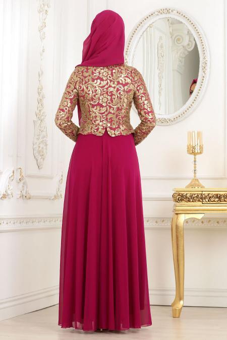 Tesettürlü Abiye Elbise - Robe de soirée islamique fuchsia 7712F - 2