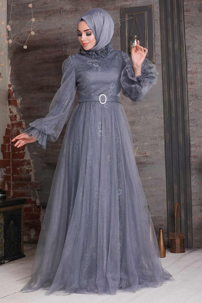 Tesettürlü Abiye Elbise - Robe de soirée islamique fumée 21820FU - 1