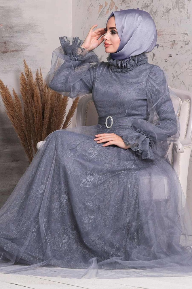 Tesettürlü Abiye Elbise - Robe de soirée islamique fumée 21820FU - 3