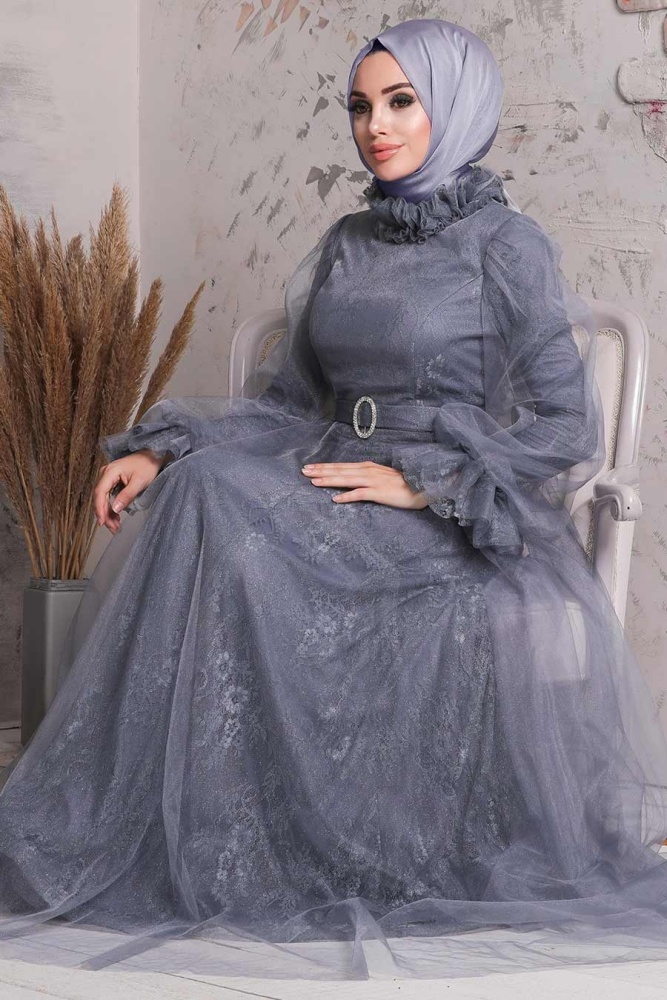 Tesettürlü Abiye Elbise - Robe de soirée islamique fumée 21820FU - 4