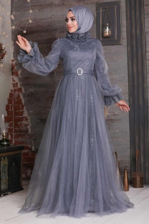 Tesettürlü Abiye Elbise - Robe de soirée islamique fumée 21820FU - 2