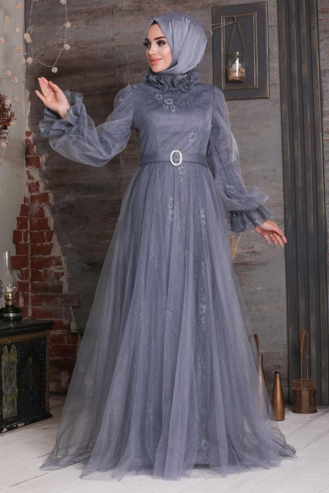 Tesettürlü Abiye Elbise - Robe de soirée islamique fumée 21820FU - 2