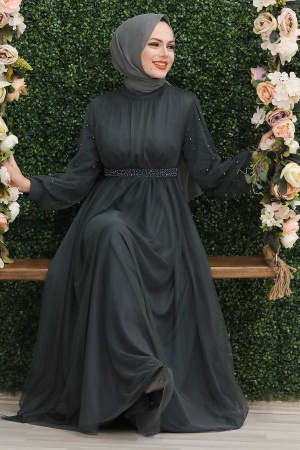 Robe de soirée longue et couvrante avec détails de perles nacrées – Gris anthracite 5514FU 