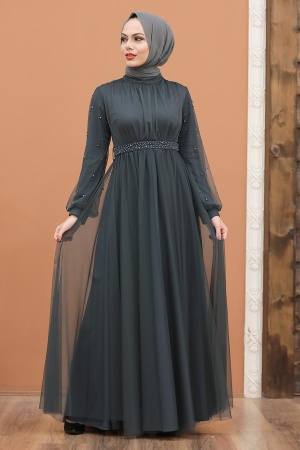 Robe de soirée longue et couvrante avec détails de perles nacrées – Gris anthracite 5514FU - 2