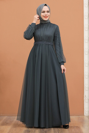 Robe de soirée longue et couvrante avec détails de perles nacrées – Gris anthracite 5514FU - 3