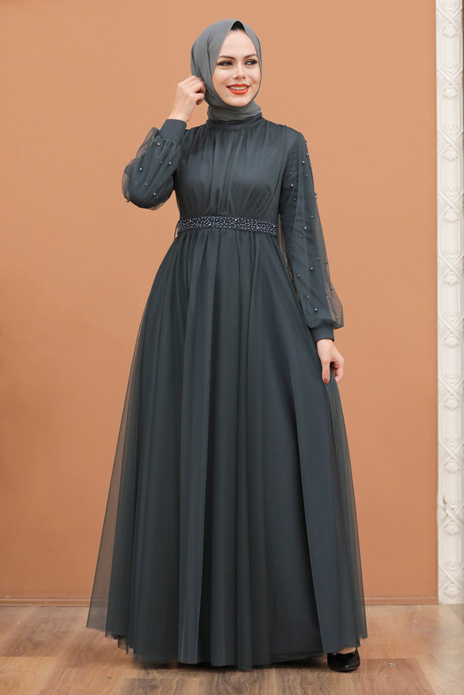 Robe de soirée longue et couvrante avec détails de perles nacrées – Gris anthracite 5514FU - 3