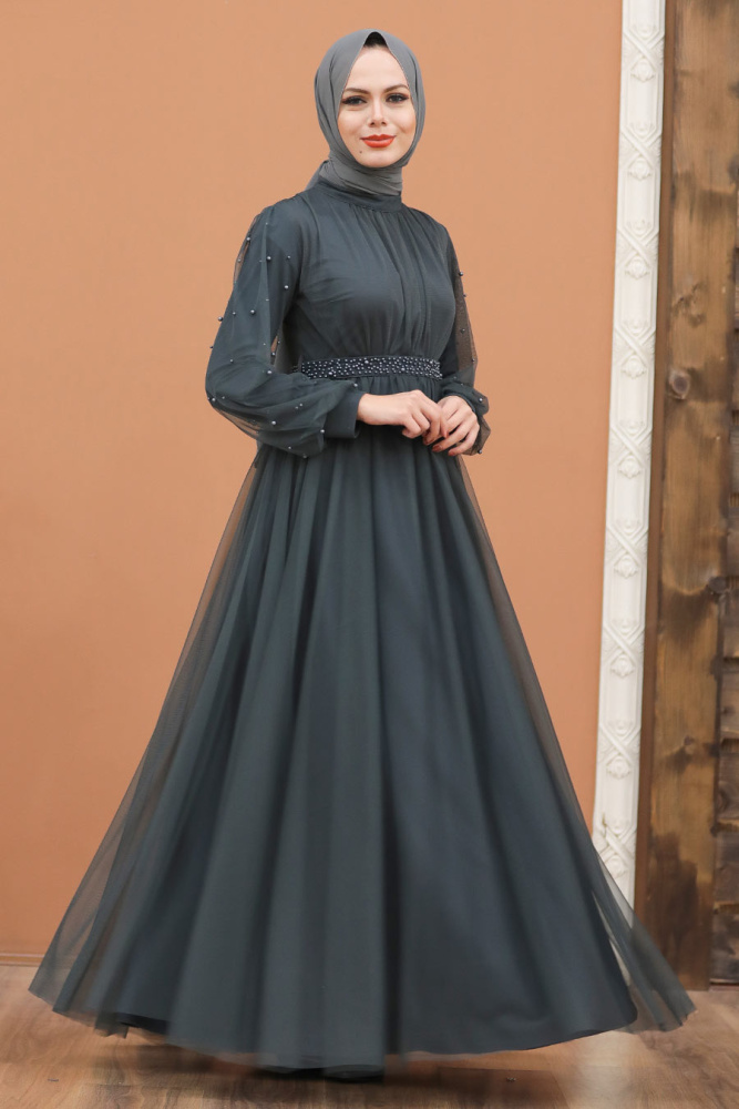 Robe de soirée longue et couvrante avec détails de perles nacrées – Gris anthracite 5514FU - 4