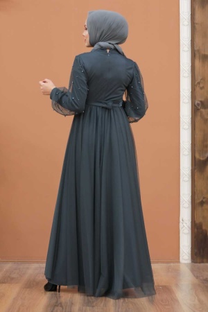 Robe de soirée longue et couvrante avec détails de perles nacrées – Gris anthracite 5514FU - 5