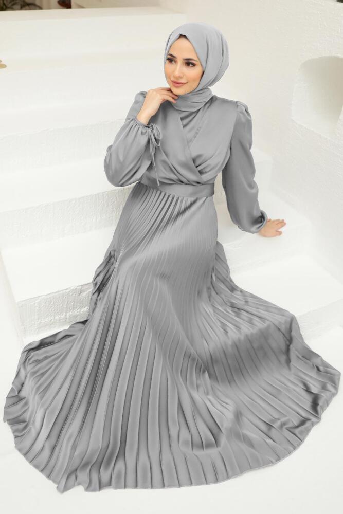 Tesettürlü Abiye Elbise - Robe de Soirée Islamique Gris Clair 3452AGR - 1