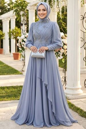 Robe de soirée longue et couvrante avec détails de perles nacrées – Gris 21930GR - 1