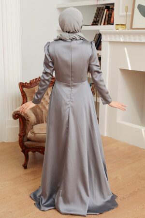 Tesettürlü Abiye Elbise - Robe de Soirée Islamique Grise 22431GR - 2